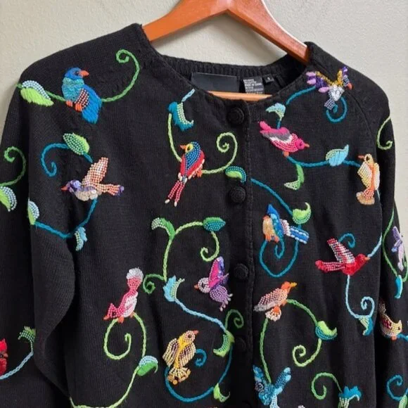 Michael Simon Women Bird Embroidered Beaded Cardigan Size S Colorful Art to Wear - Picture 2 of 13